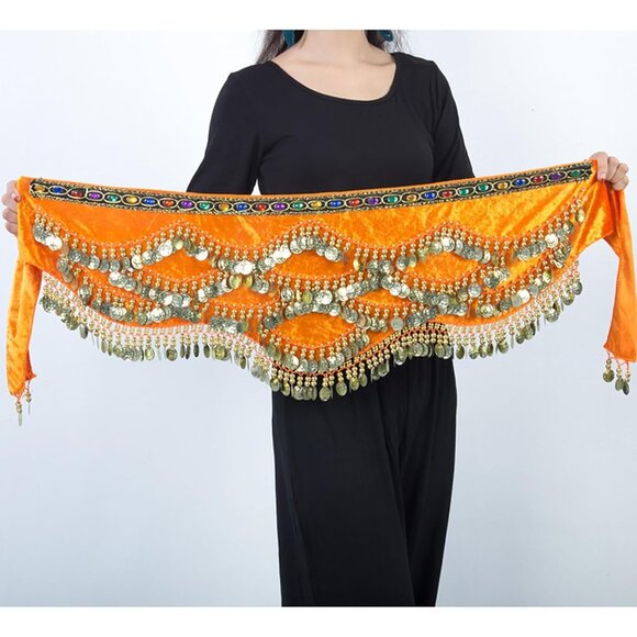 Women's Orange Triangular Belly Dancing Hip Scarf Wrap Skirt with Gold Coins - Picture 4 of 4